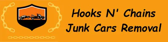 A yellow banner with the words hooks junk cars written in black.